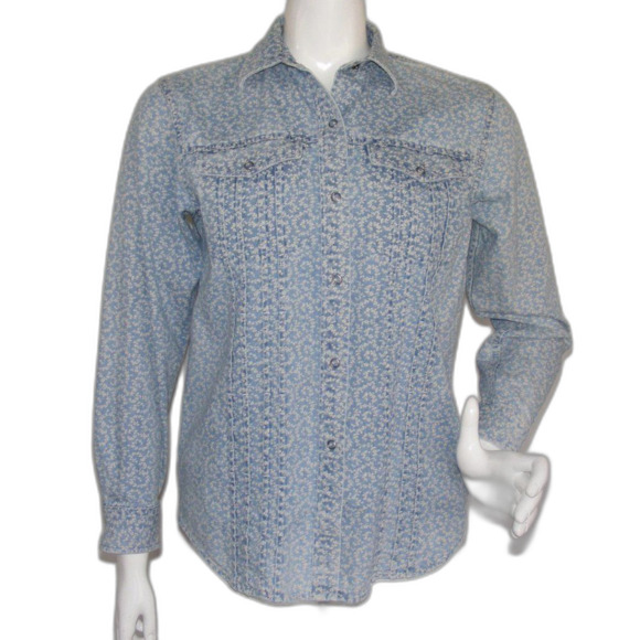 LRL Lauren Jeans Co Top, 4, Floral Denim, Button Front, Pockets, Long Sleeves - Picture 1 of 12